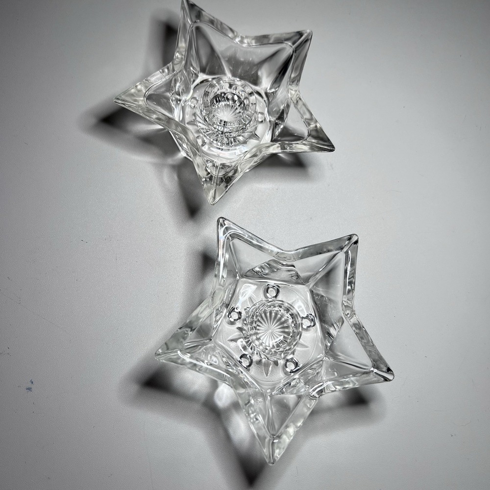 2 Vtg Clear Glass Star Shaped Candle Stick‎ Holders Vintage